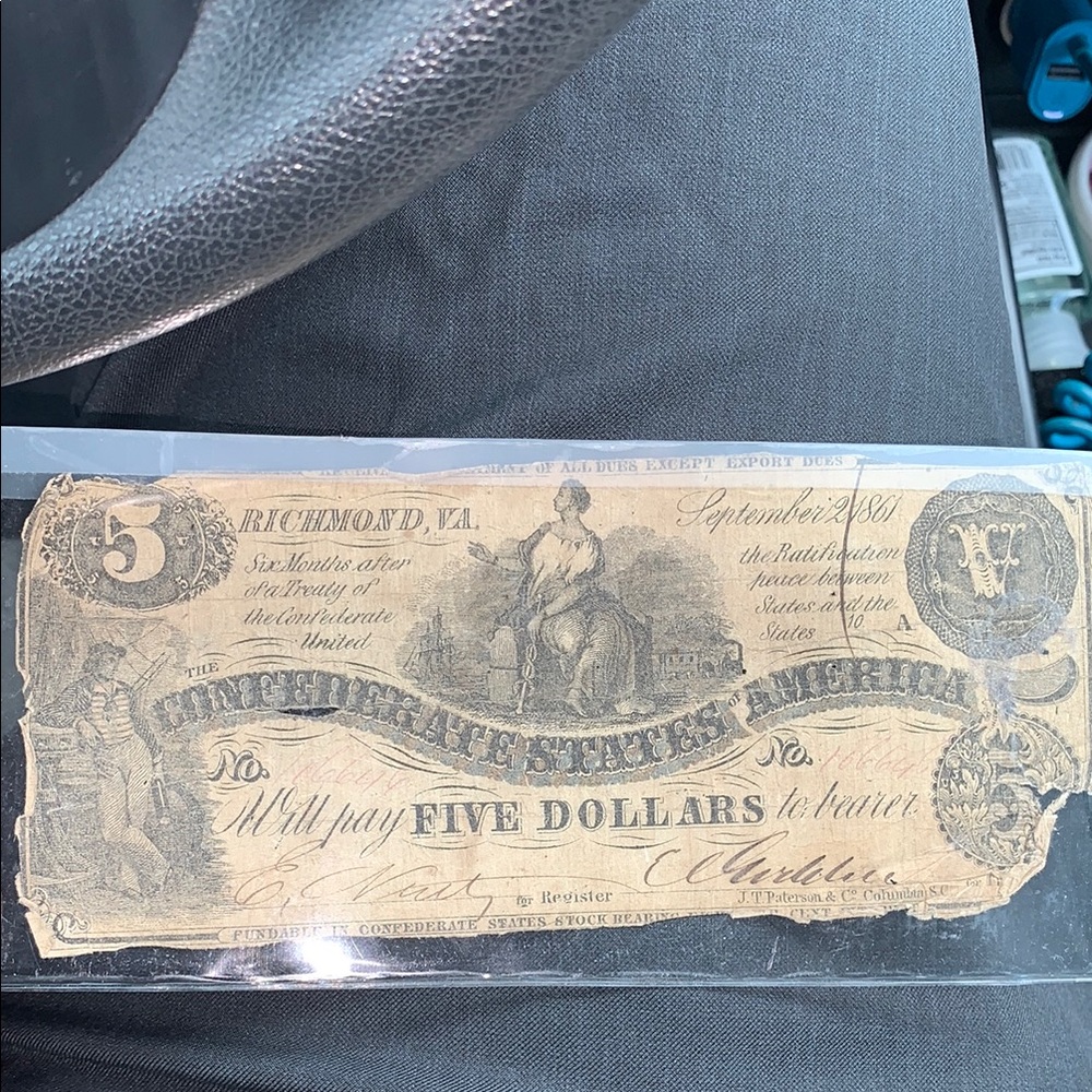 Vintage Confederate States of America Five Dollar Bill